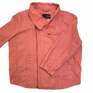 Hurley Womens Jean Jacket Asymmetrical Zip Short Crop Denim Pink Coral XS
